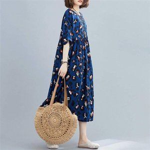 Women Loose Cotton Dress Print Boho Maxi Swing with Pockets